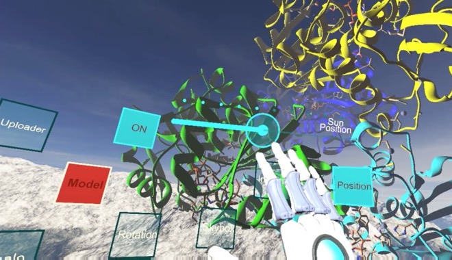 Screen capture from computer-generated virtual reality software showing the user's virtual hand reaching for controls in a simulated space. In the middle of the screen are multi-colored, three-dimensional models of spiraling biochemical proteins and floating controls with various labels "uploader, ON, Sun Position, Model, Position, Rotation, Skybox."