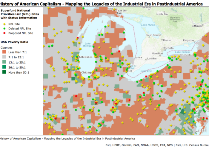 A map titled "History of American Capitalism", which shows superfund sites and the poverty ratio in sections of Michigan and Illinois.