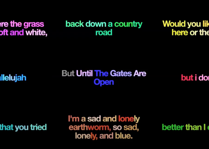 A three-by-three grid of fragments of poems, with syllables appearing in different colors.