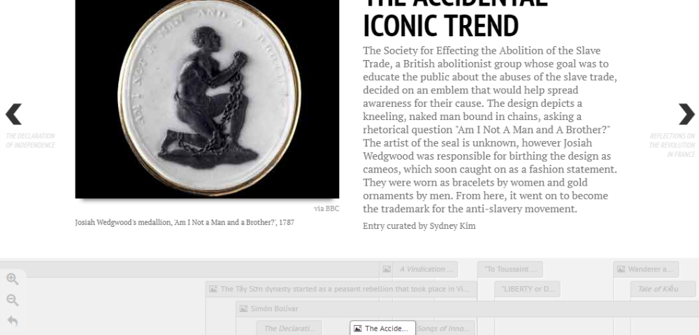 A slide demonstrates TimelineJS used in a history classroom, with the header 'The Accidental Iconic Trend'.