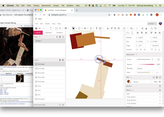 Screenshot of Mac OS computer interface, with an image of an Egon Schiele painting in a small window at the left, and a larger Gravit Designer window with a composition of rectangles based on the painting.