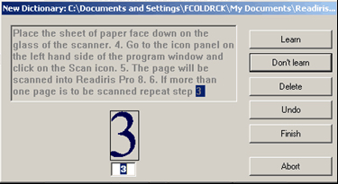 A dialog box after scanning a page of English text, with the numeral 3 highlighted. Buttons at the right provide options for the user to Learn, Don’t Learn, Delete, Undo, Finish or Abort the recognition of that character as a 3.