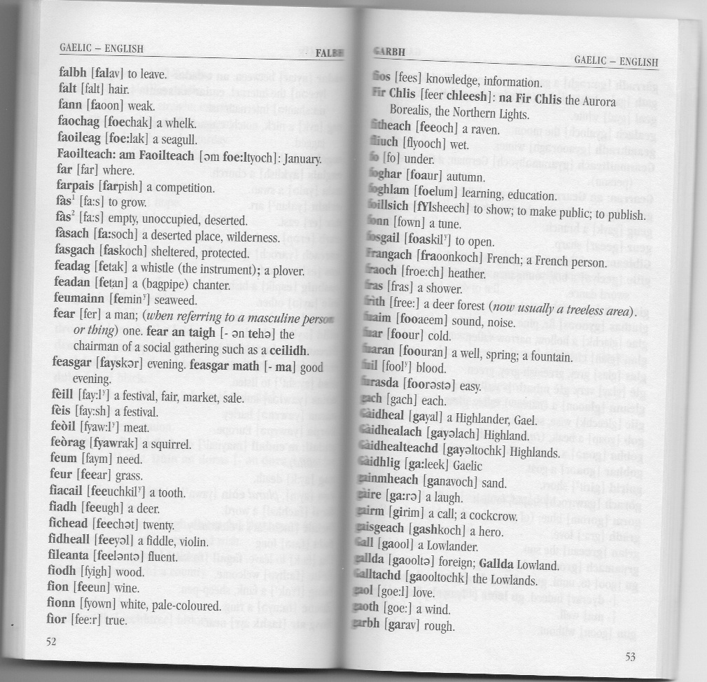 A two-page spread from a dictionary, showing columns of Scottish words with their pronunciation in square brackets and their English translations. The scan, from pages 52 and 53, is tilted to the right, with a dark shadow running down the page gutter.