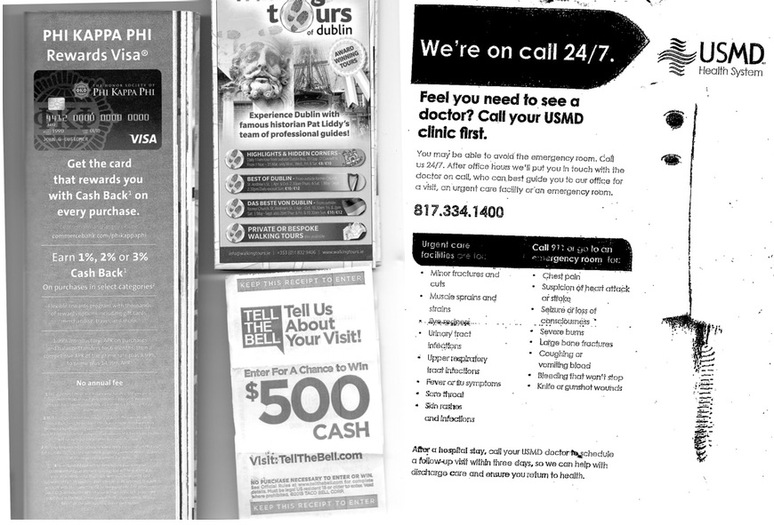 A photocopy of four advertisements. Clockwise from left: Ad for a Phi Kappa Phi rewards card, showing a visa credit card. Ad for guided tour of Dublin with images of historic figures. Flyer for a 24/7 on-call USMD health clinic, with two columns of text on the lower half. Link to a survey offering a chance to win $500 cash by reporting on ones visit to Taco Bell.