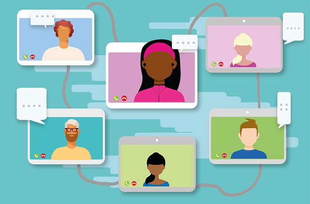 A cartoon shows a stylized set of videoconference windows featuring different people, connected by wires between each panel.