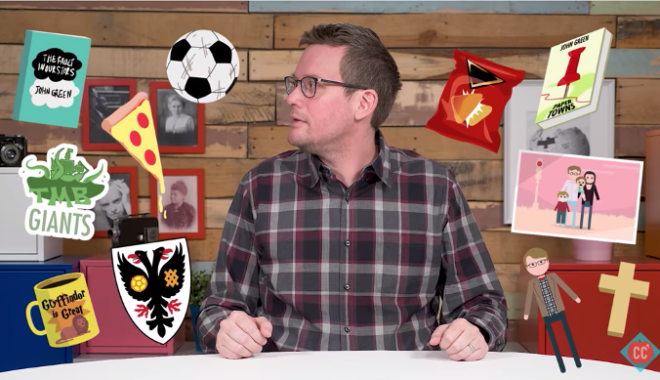 Image of John Green's filter bubble (John Green is the host of "Social Media: Crash Course Navigating Digital Information") that contains his image and a variety of his interests and identity markers surrounding him: soccer, pizza, Harry Potter, coffee, family, a cross, etc.