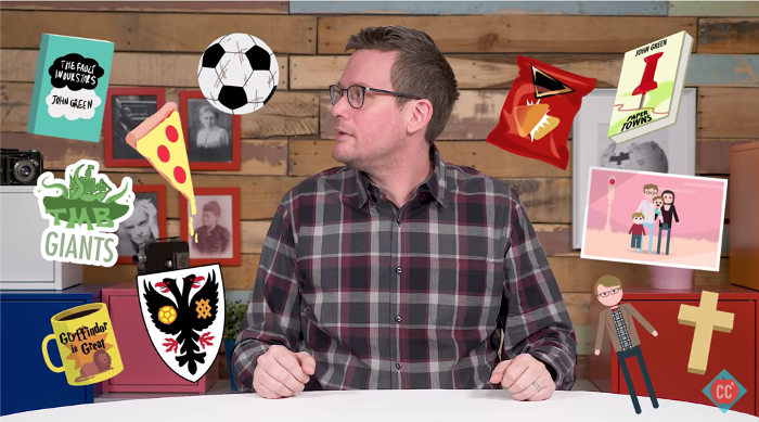 Image of John Green's filter bubble (John Green is the host of "Social Media: Crash Course Navigating Digital Information") that contains his image and a variety of his interests and identity markers surrounding him: soccer, pizza, Harry Potter, coffee, family, a cross, etc.