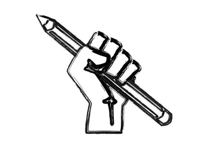 A drawing of a raised activist fist holding a pencil.
