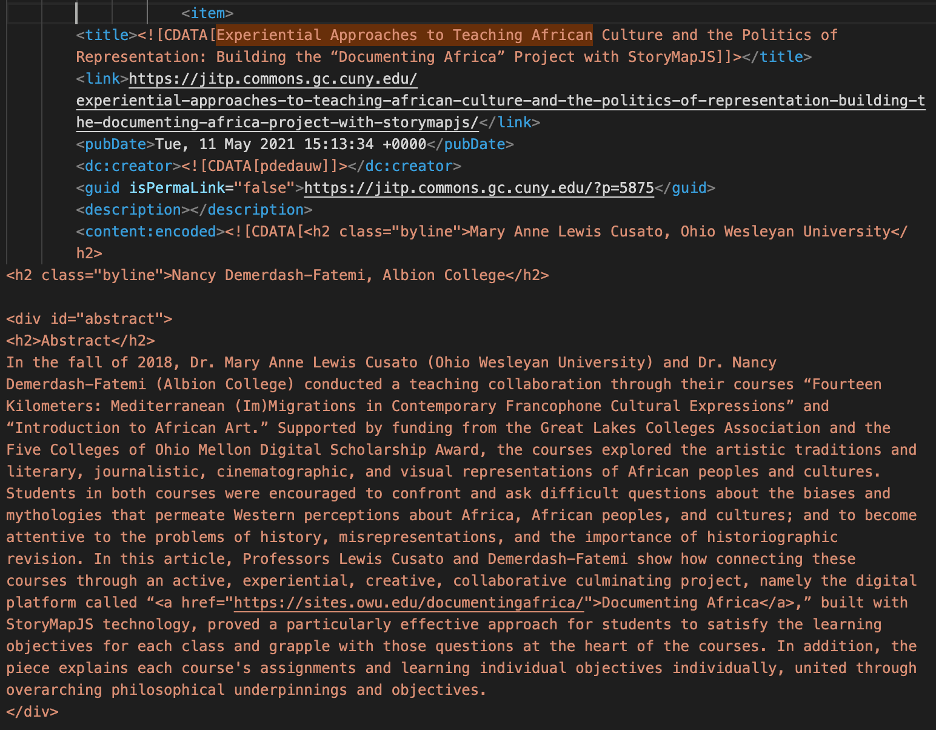 The XML markup of the above linked article, with the abstract preceded by a difficult-to-read set of metadata.
