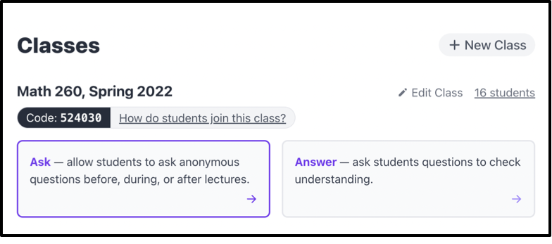 The interface shows the code for students to join, as well as boxes for text entry for both 'ask' and 'answer' functions.
