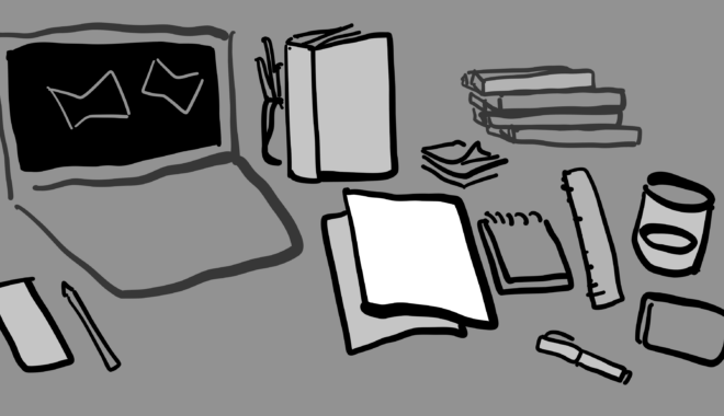 A greyscale line drawing depicts a laptop, books, paper, and writing utensils.