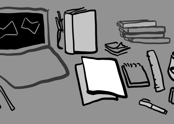 A greyscale line drawing depicts a laptop, books, paper, and writing utensils.