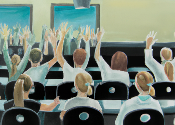 Seen from behind, a series of students seated at desks raise their hands.