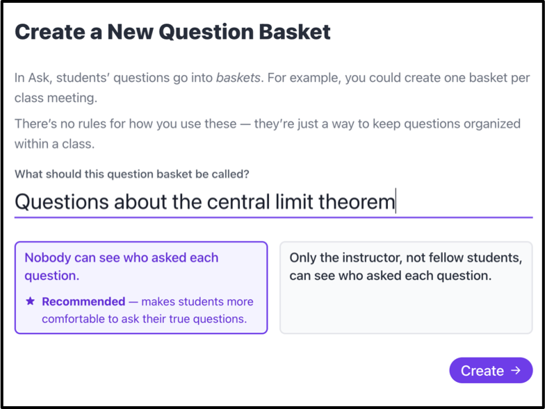 The interface for Creating a new question basket appears, with an example 'questions about the central limit theorem'.