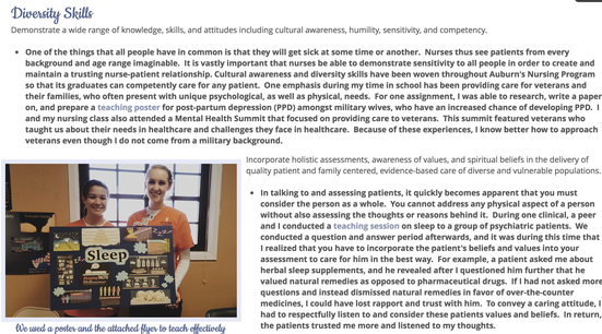 A nursing student ePortfolio shows a picture of the student and friend holding a poster, and the picture is surrounded by reflective writing.